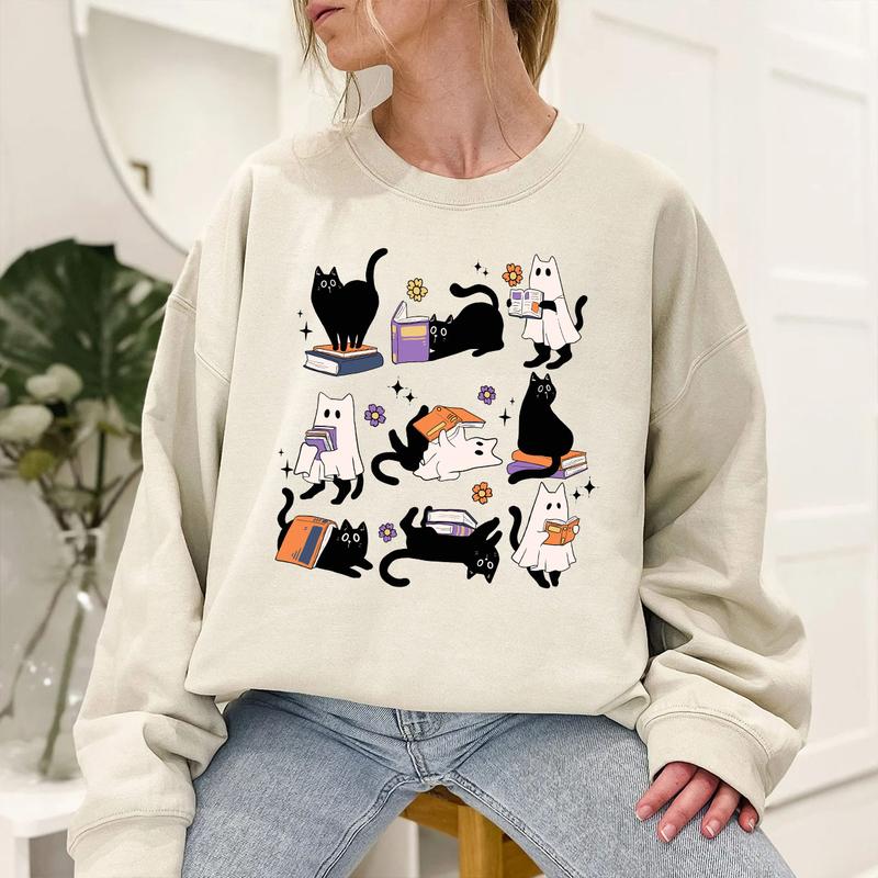 Cats Book Shirt, Halloween Cat SweatShirt, Ghost TShirt, Halloween Black Cat Shirt, Cat Lover Shirt, Spooky Season