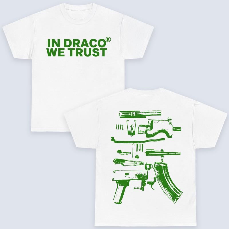 In Draco We Trust Double Sided Tee, White Color and Graphic T-Shirt, Womenswear Top Casual Summer