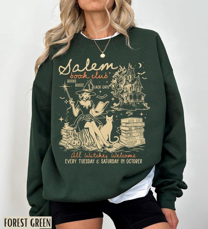 Salem Book Club Sweatshirt, Halloween Crewneck, Retro Halloween Sweatshirt, Vintage 90s Witch Sweatshirt, Halloween Cat Shirt, Bookish Gift, Bookish M