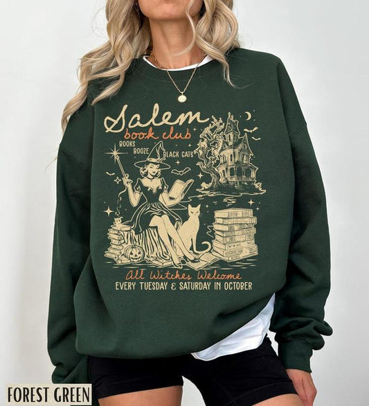 Salem Book Club Sweatshirt, Halloween Crewneck, Retro Halloween Sweatshirt, Vintage 90s Witch Sweatshirt, Halloween Cat Shirt, Bookish Gift, Bookish M