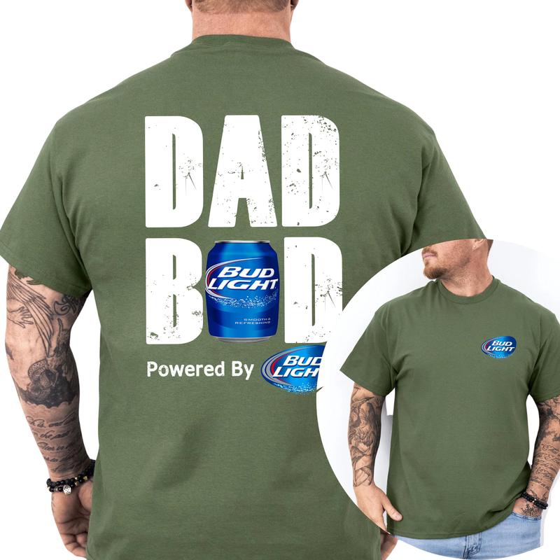 Bud Light Dad Bod Powered By Bud Light 2-Sided T-shirt for Men, Men's Beer Drinking Tees, Funny Drink Top for Daddy, Soft Cotton Classic Menswear