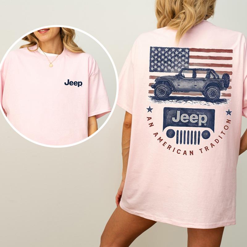 Vintage Jeep American Tradition 2-Sided Shirt for Women and Men, Patriotic USA Flag Tshirt, Car Enthusiast Tops, Cotton Fabric Tee, Casual Womenswear