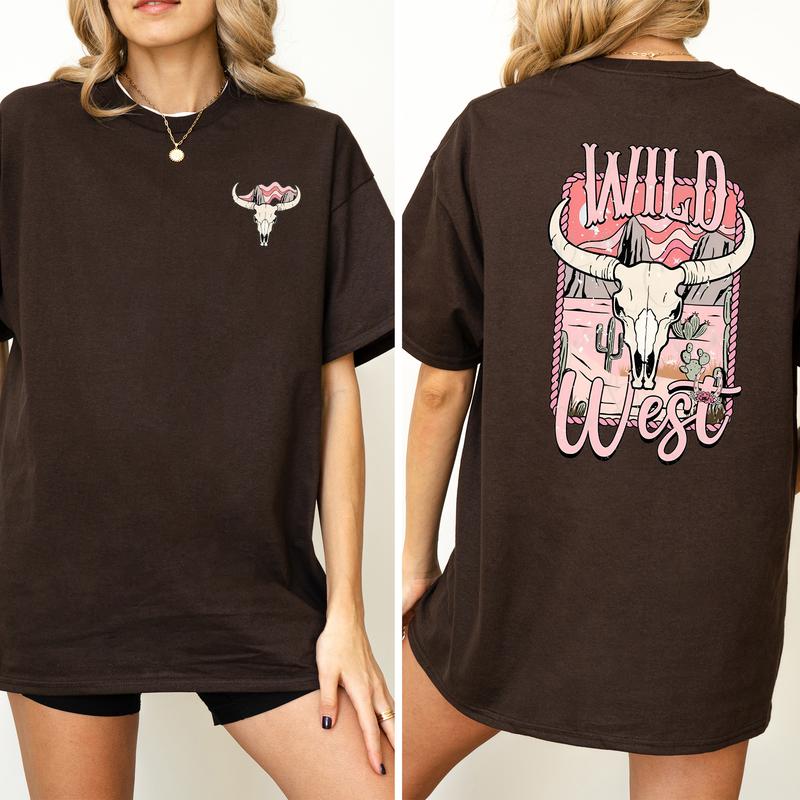 Vintage Bull Skull Wild West Graphic 2-Sided Shirt, Country Cowgirl Tshirt, Western Rodeo Cowboy T-shirt, Cotton Fabric Women's Top, Casual Womenswear