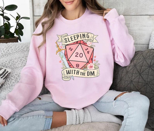 SLEEPING with the DUNGEON MASTER T-Shirt Sweatshirt for Women - Pink Cotton Hoodie with D20 Design, Casual Style, Ideal for Dungeons and Dragons Fans