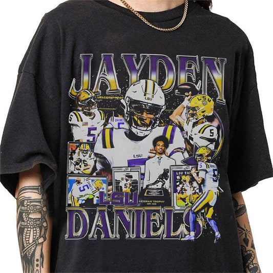 Jayden Daniels 90s Vintage Bootleg Style T-Shirt, Classic Retro Graphic Unisex Tee Cotton Fabric Menswear Top Collar Decoration Jersey Print Tshirt