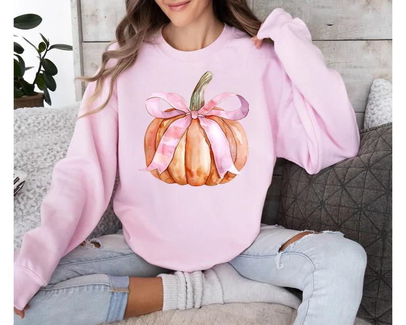 Pumpkin Coquette Bow Sweatshirt, Pink Bow Pumpkin Tee Shirt, Coquette Pumpkin Halloween Sweatshirt, Pumpkin Season Bow Shirt, Coquette Pumpkin Hallowe