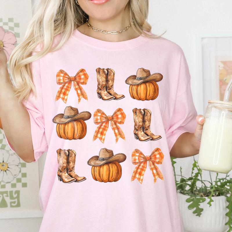 Howdy Pumpkin Shirt, Western Fall Shirt, Fall Coquette Bow , Fall Vibes, Country Cowgirl Fall, Cowgirl Shirt, Thanksgiving Gift, Fall Autumn fall grap