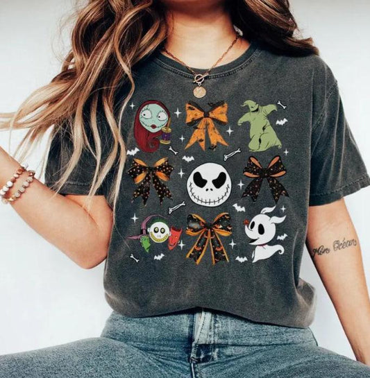 Nightmare Before Christmas Coquette Bows Halloween Shirt, Spooky T-Shirt, Jack & Sally, Oogie Boogie Tee, Halloween Gift for Fans