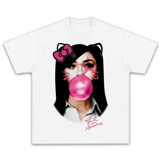 Mariah Kitty Blowing Pink Star Bubbles T-shirt - Fun and Sparkly!