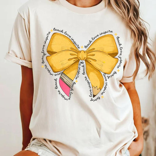 Coquette Teacher Shirt, Pencil Bow Teacher Graphic Tee, Back To School Outfit, First Day Of School, Gift for Teacher, Teacher Crew Matching Shirt Casu