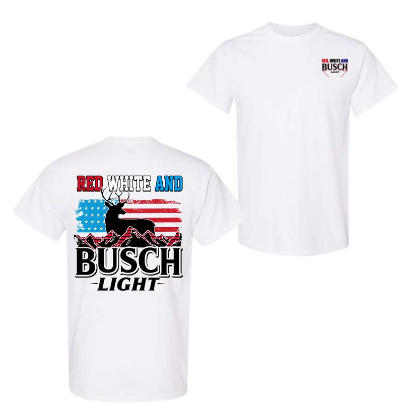 Busch Light -Beer- Red White 2-sided shirt, Beer Drinkers ,Casual Graphic Round Neck T-shirt for Summer, Fashion Top for Daily Wear, T shirt For Men A