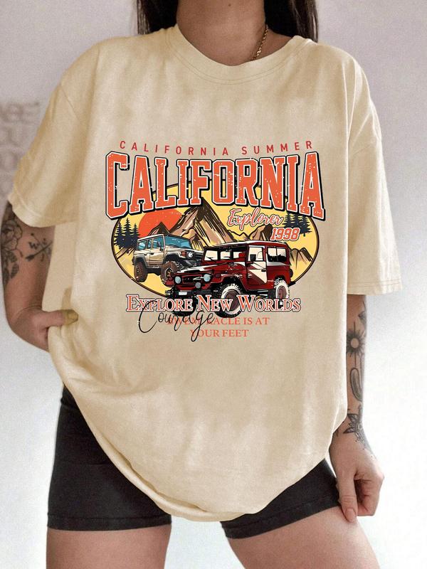 Women's Letter & California Print Drop Shoulder Tee, Casual Half Sleeve Round Neck T-shirt for Summer, Women's Top for Daily Wear