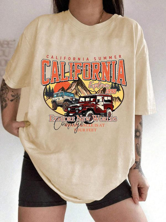 Women's Letter & California Print Drop Shoulder Tee, Casual Half Sleeve Round Neck T-shirt for Summer, Women's Top for Daily Wear