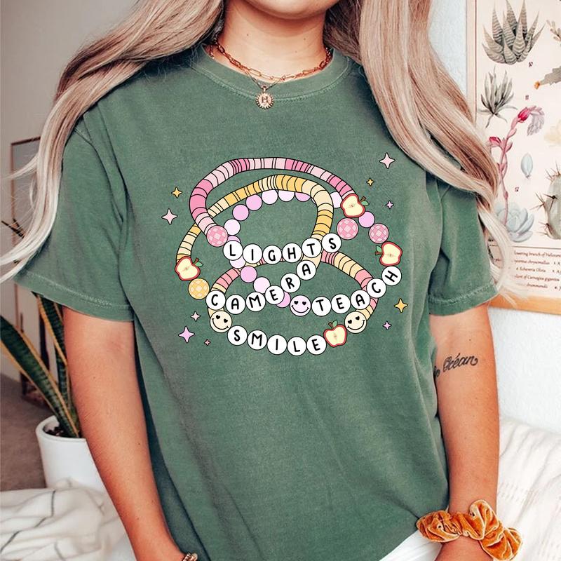 Lights Camera Teach Smile, Teacher Shirt, Back To School Clothing, Groovy Teacher Shirt, Teacher Friendship Bracelet Shirt, First Day Of School, Teach