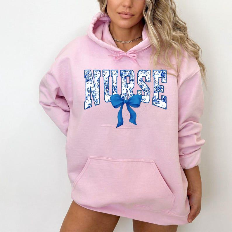 Coquette Bow Nurse Sweatshirt, Toile De Jouy Coquette Nurse Shirt, Nurse Ribbon Crewneck, Coquette Nurse Gifts For New Nurse, Full Size, Full Color