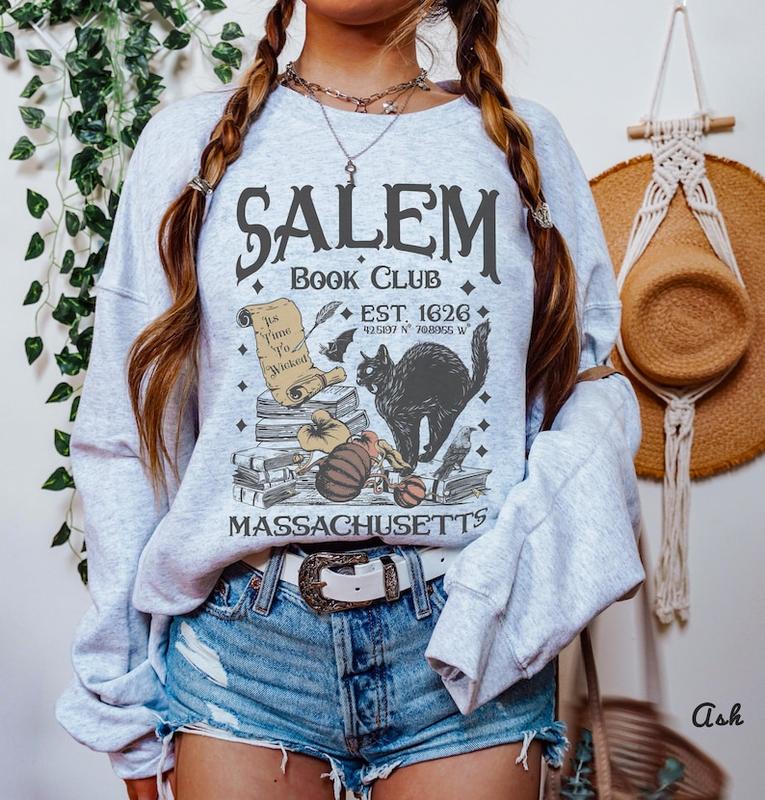Vintage 90s Look Salem Sweatshirt, Black Cat Lovers Sweater Aesthetic Halloween Witchy Shirt Book Club Shirt, Book Lover Shirt, Bookish Merch, Booktok