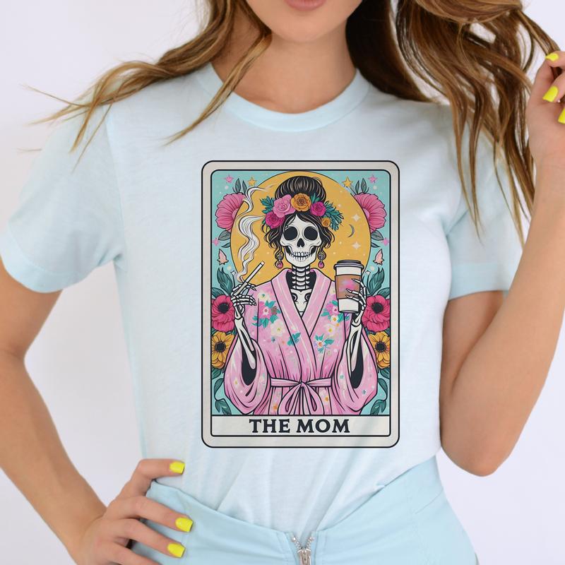 Tarot Skeleton Mom Tees Tarot Card Mom Rocker Tshirts Skull Mom T-Shirts Womens Skull Tees Floral Skull Tops Mom Tarot Tees