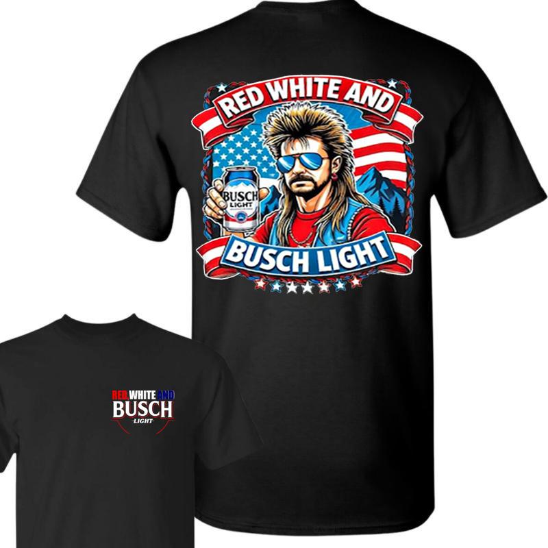 Busch Light -Beer- July 4th Busch Beer 2-sided Shirt  Merica, Forth of July, Red White and Blue, Joe Dirt, Casual Graphic Round Neck T-shirt for Summe