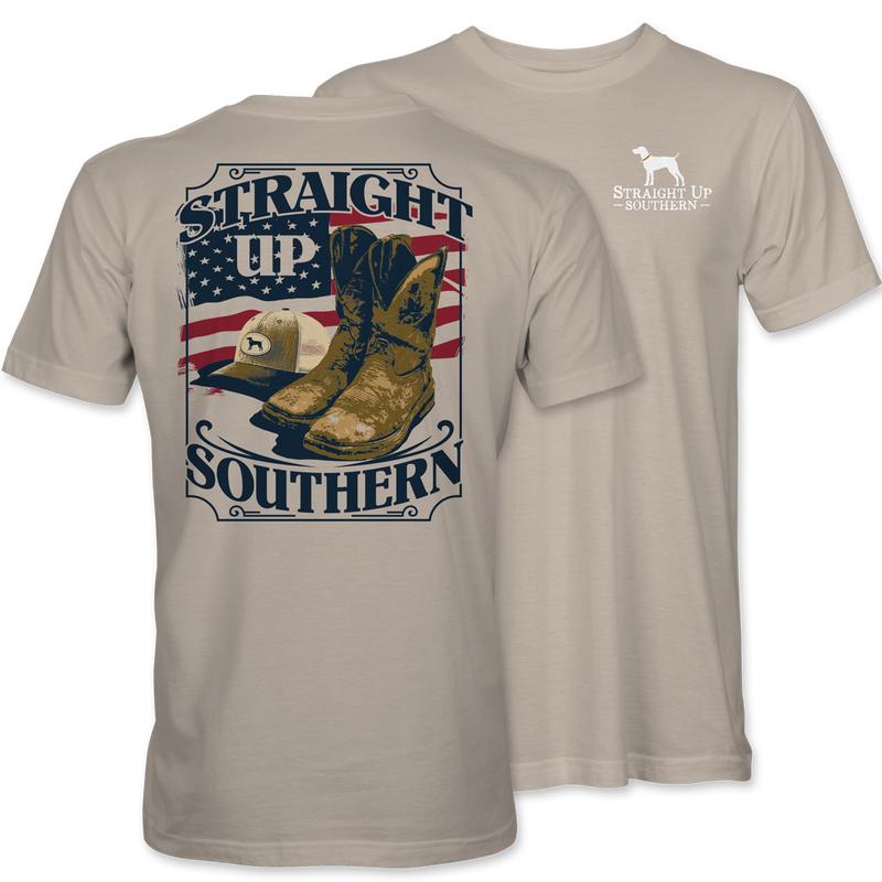 Hats Off - Work Boots, Trucker Cap, and American Flag Tee