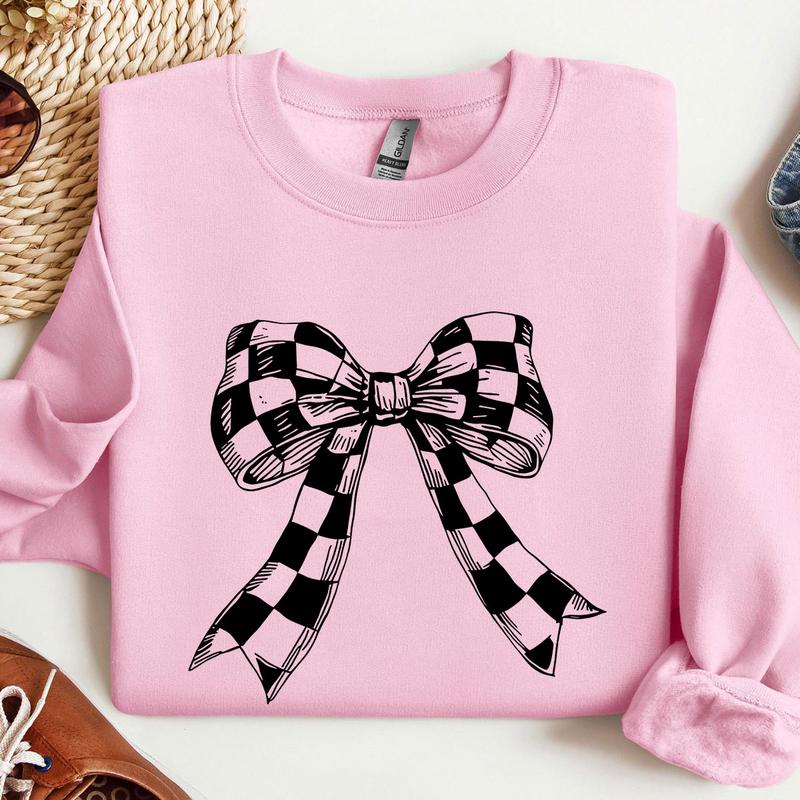 Coquette Checkered Black Bow Sweatshirt, Coquette Bow Sweater, Gift for Women