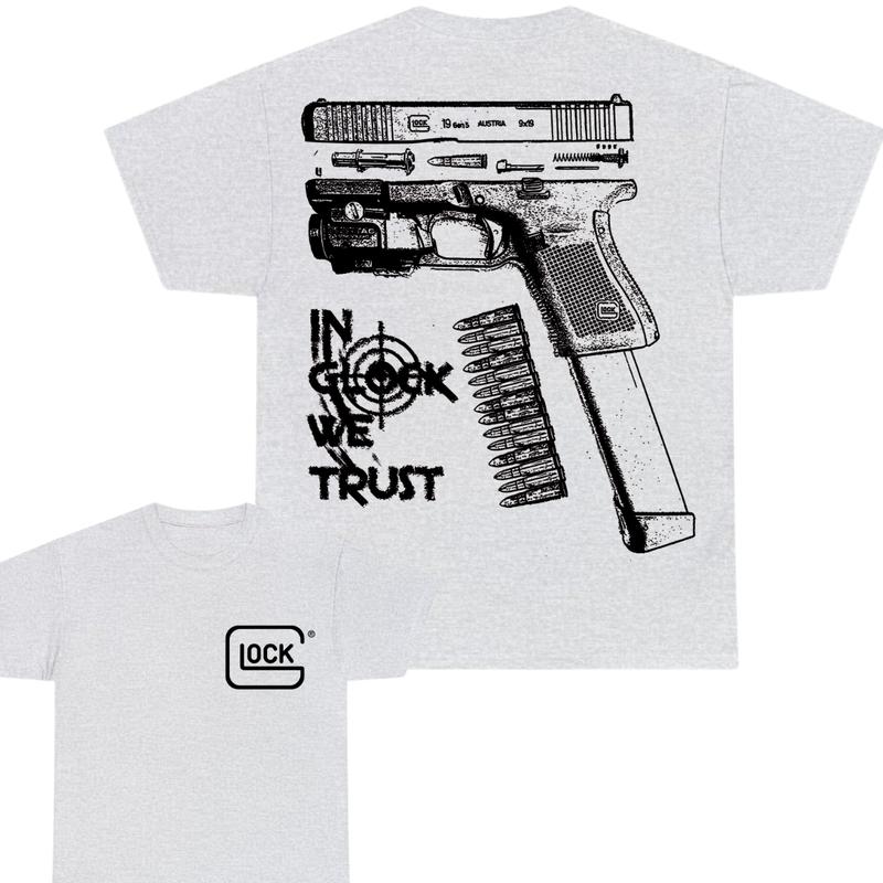 In Glock We Trust Double Sided Print T-Shirt - Glock shirt - Classic Width and Collar for Men and Women - Design color Black and White , Cotton Menswe