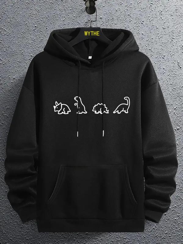 Unisex Men's Dino Print Drawstring Hoodie, Essentials Sweatshirt for Spring & Fall, Regular Fit Streetwear Clothing for Daily Men's Fashion