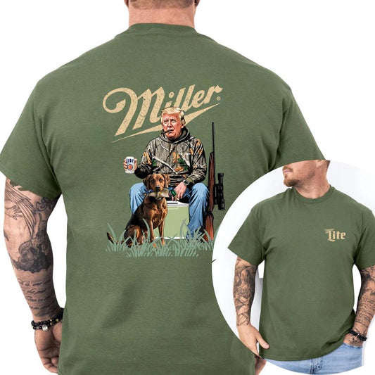 Hunter Trummp with Dog and Miler Lite Beer Shirt 2-Sided, Vintage Men's Buck Hunting Tshirt, Beer Drinking Tee, Hunt Tops, Classic Casual Menswear