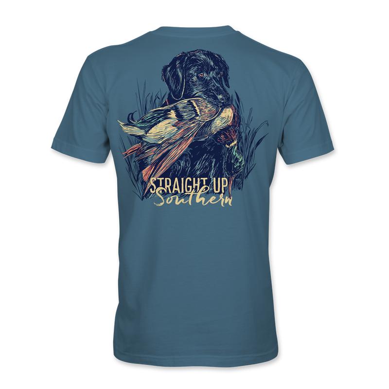 Lab With Mallard - Black Lab Retrieving Mallard T-Shirt - Indigo Classic Collar