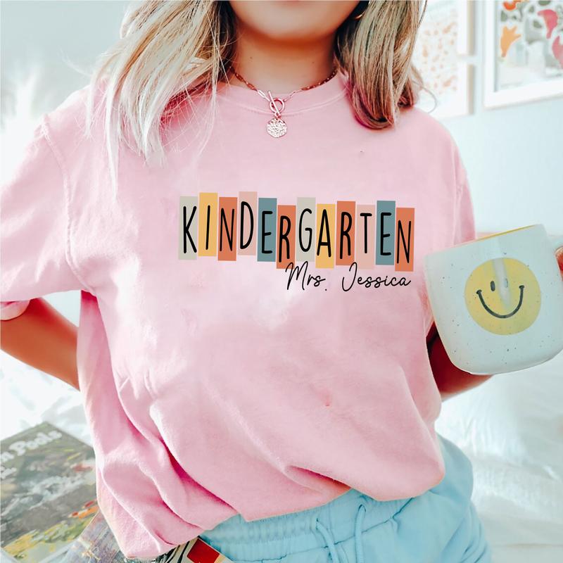 Happy First Day Of School Kindergarten Teacher Shirt, Custom Name Shirt, Personalized Teacher Shirt (Please Inbox In Message), Kindergarten Teacher Sh
