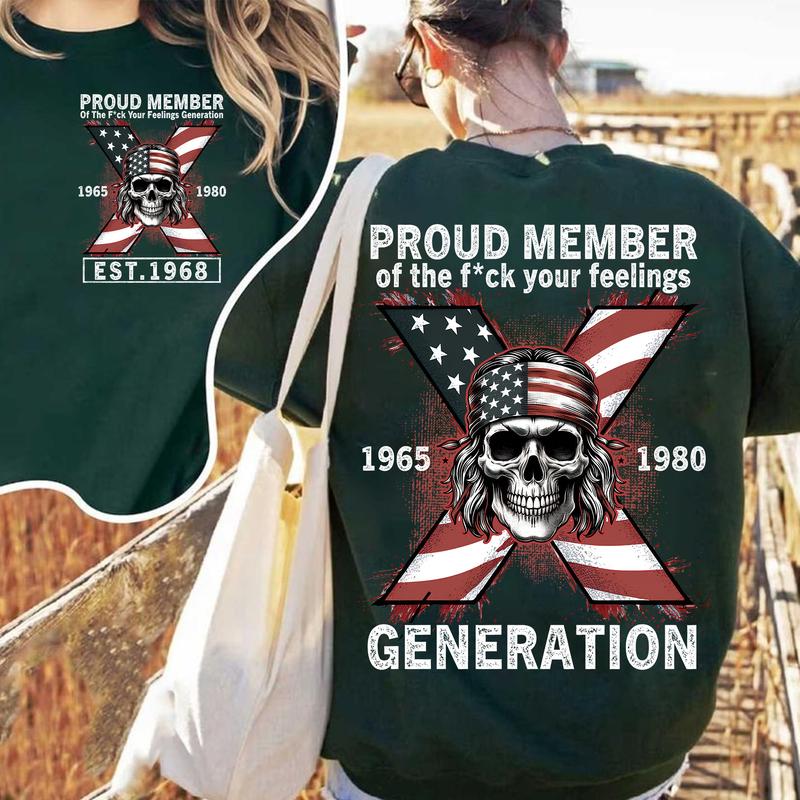 Custom Est.Year 1968 Skull GenX 2 Side Skull Shirt, GenX T-shirt, Skull Proud Member Generation X Shirt, Flag Skull Shirt