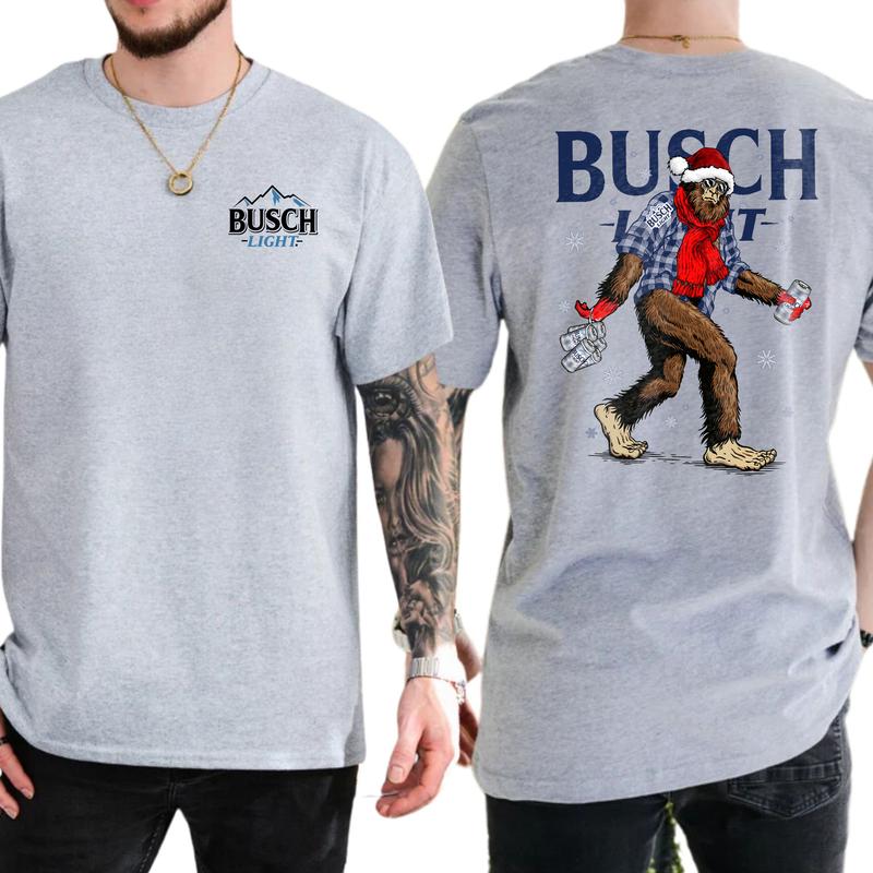 Christmas Shirt, Busch Light Christmas Bigfoot 2 Sided T-shirt, Casual Menswear, Classic Cotton Top, Soft Fabric Shortsleeve Shirt