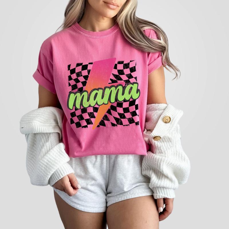 Neon Mama Shirt, Checkered Mama Shirt, Lightning Bolt Shirt, Mothers Day Gift, Retro Checkered Mom Tshirt, Mom Comfort Tee, Gift for Her, Retro Mama S