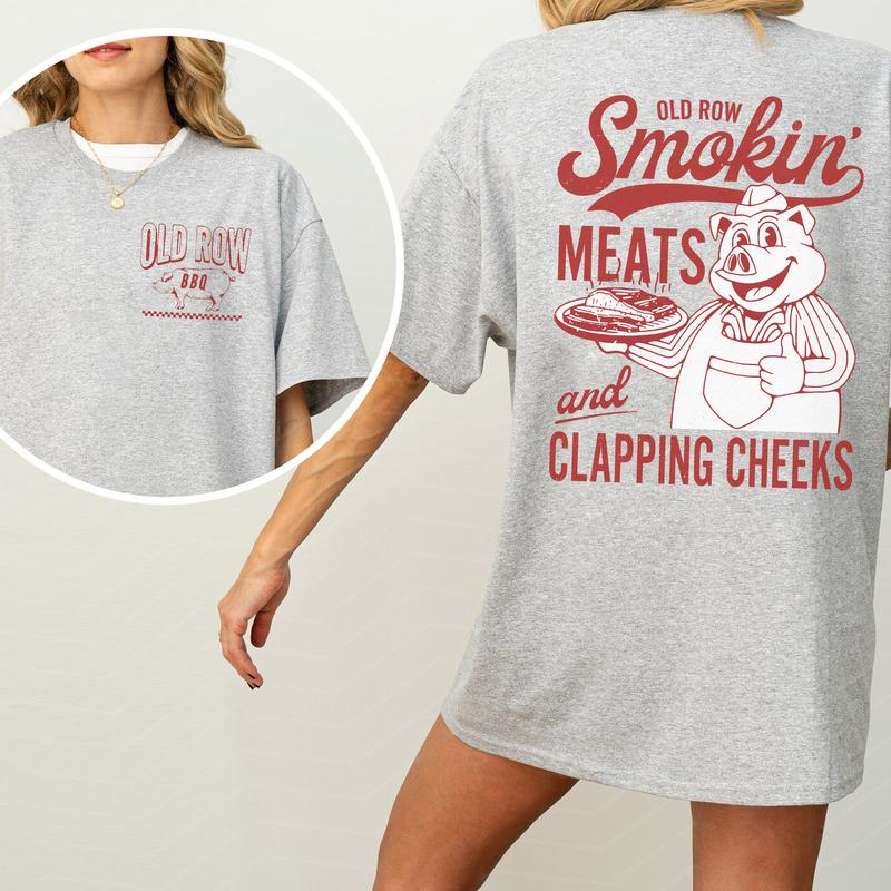 Old Row The Smokin Meats Graphic 2-Sided Shirt, Retro Pig Cooking T-Shirt, Smoking Meats Clapping Cheeks Tee, Comfy Cotton Clothing, Casual Womenswear