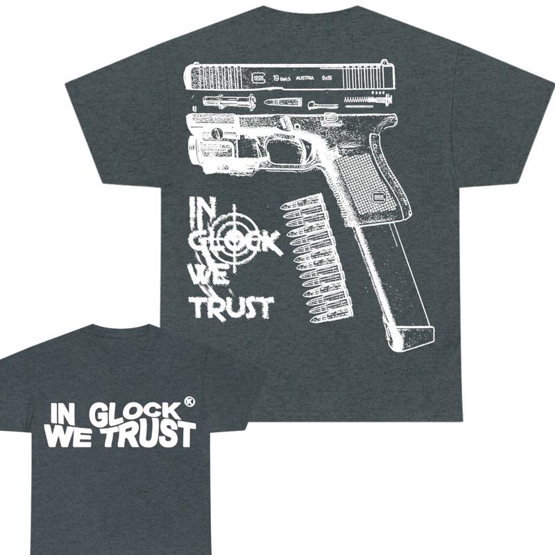 In Glock We Trust Limited Edition Double Sided Print T-Shirt - Classic Width and Collar for Men and Women - Design color Black and White , Cotton Mens