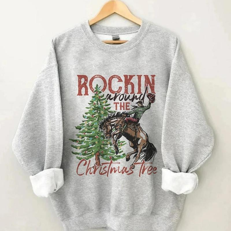 Rocking Around The Christmas Tree Sweatshirt,Retro Christmas Western Shirt,Cowboy Christmas Shirt,Yee Haw Howdy Christmas,Women's Christmas