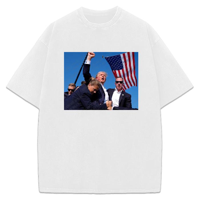 Donald Trump Fist Pump Shots Survivior President 2024 Victory Custom Graphic T-Shirt Crewneck Cotton Streetwear