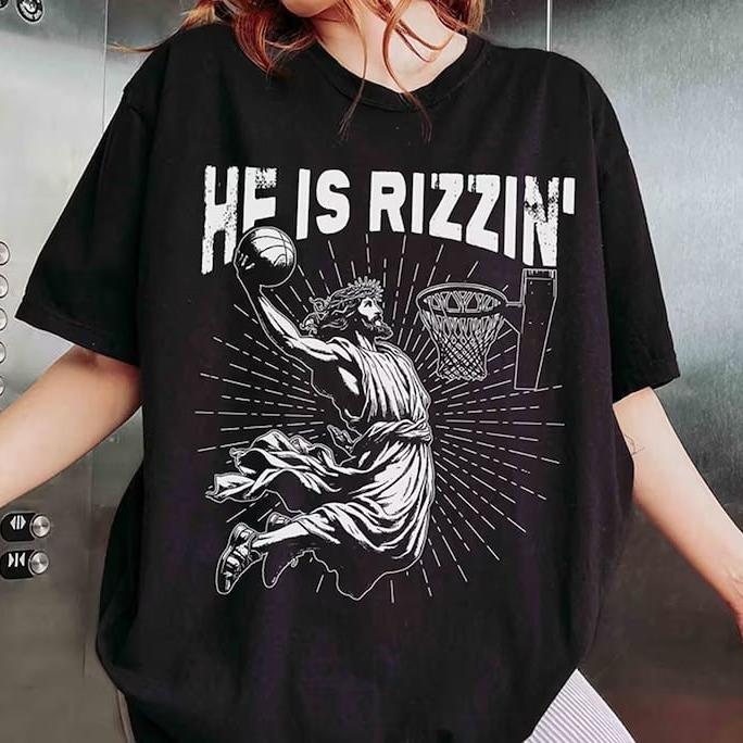 Retro He Is Rizzin' T-Shirt, Funny Jesus T-Shirt, Humor Easter T-Shirt, Christian East Cotton Fabric
