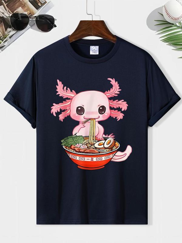 Men's Cartoon Print Round Neck Tee, Summer Regular Fit Short Sleeve Crew T-shirt, Men's Graphic Streetwear Top, Cool Casual Wear