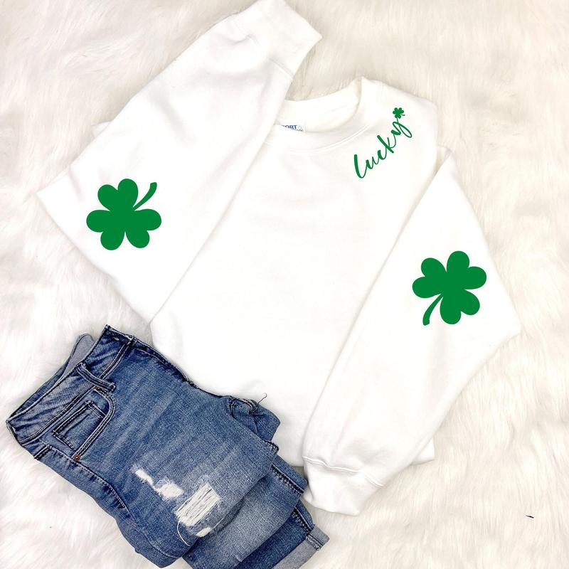 St. Patricks Day Sweatshirt for Women, Lucky Crewneck, Shamrock Elbow Sweatshirt, Armpatch Shamrock Sweatshirt, Irish Sweatshirt, St Pattys