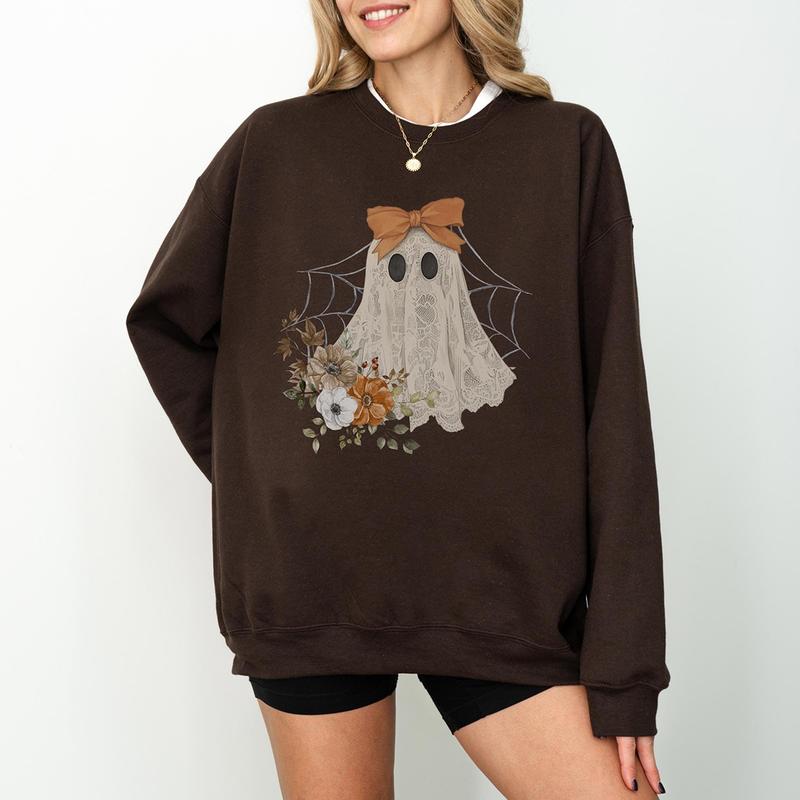 Halloween Lace Ghost Sweatshirt, Ghost Bow Crewneck, Coquette Halloween Sweater, Spooky Fall Floral Long Sleeved Sweatshirt, Cute Ghost Lovers