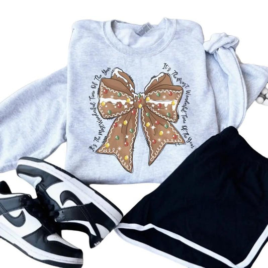 Gingerbread bow itâ€™s the most wonderful time of the year Sweatshirt - Ash Grey - Sublimation Womenswear Casual Comfort - Christmas
