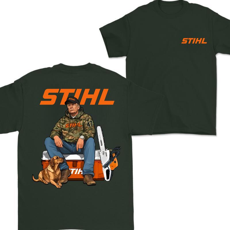 Stihl Trump Hoodie with Chainsaw Graphic Tee for Men - Full Color Cotton T-Shirt - Classic Menswear Camo