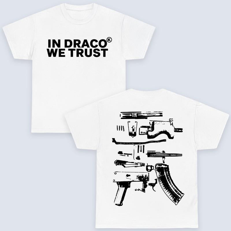 In Draco We Trust Double Sided Tee, White Color and Graphic T-Shirt, Womenswear Top Casual Summer