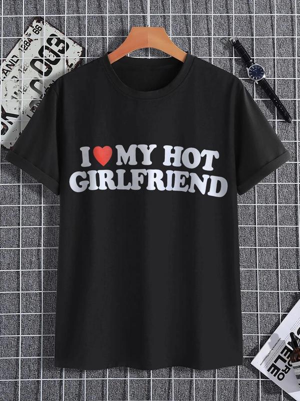 Men's Letter IÂ LoveÂ My GirlfriendÂ Print Round Neck Tee, Streetwear, Graphic Tees, Regular Fit Casual Short Sleeve Crew Neck T-shirt, Summer Clothes, M