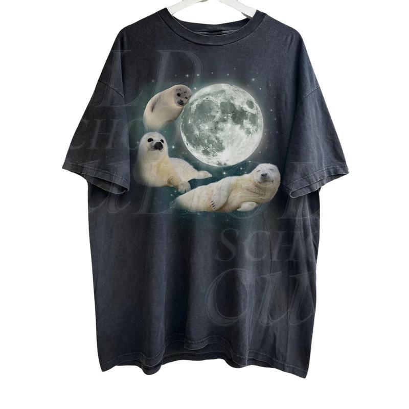 Three Baby Seal Vintage Graphic T-shirts, Retro Sea Dog Moon Tshirt, Relaxed Washed Unisex Adult Tee, Seal Lovers, Cute Sea Dog Tee Menswear Top Under