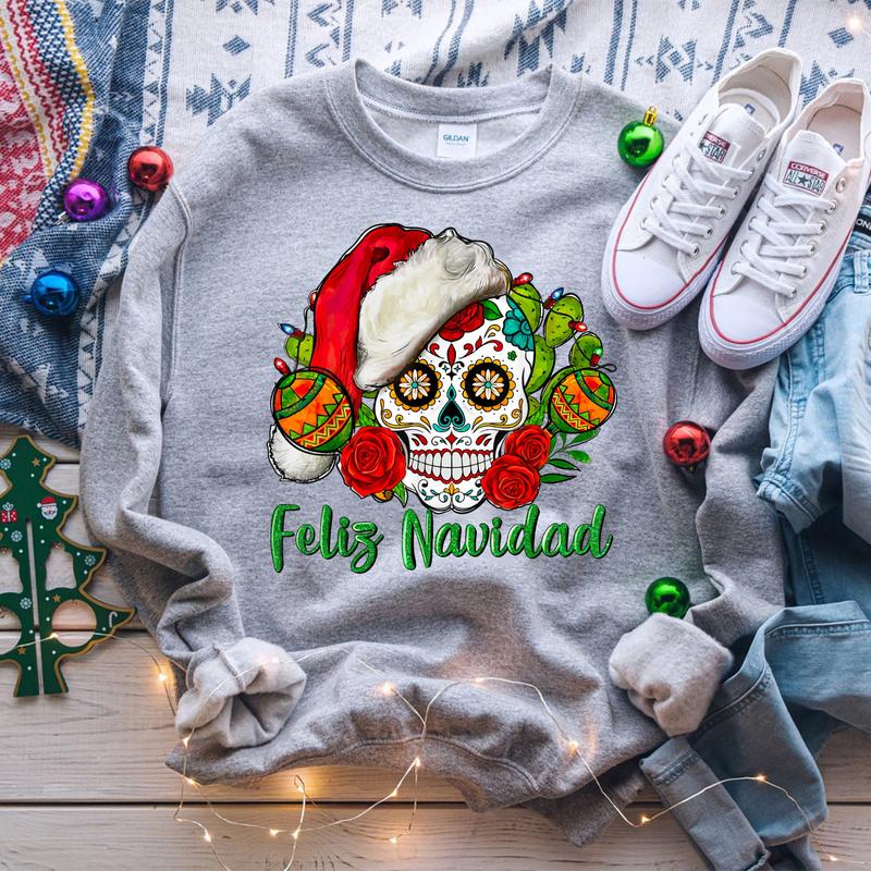 Feliz Navidad Sugar Skull Mexican Christmas T-Shirt