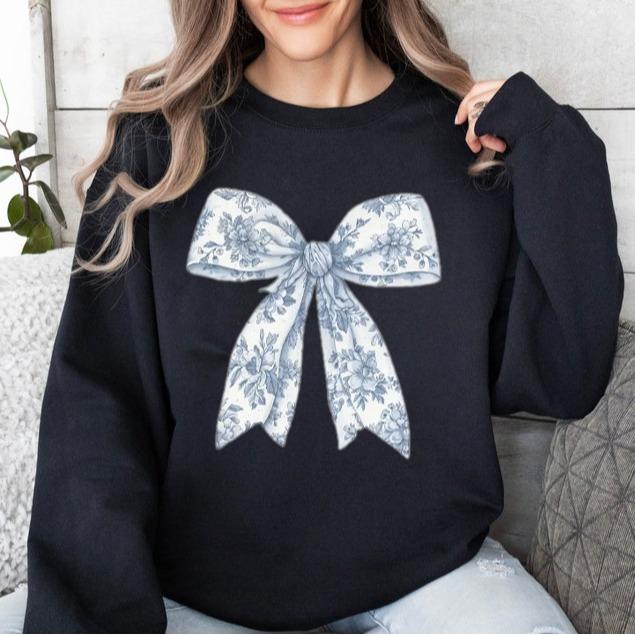 Toile De Jouy Coquette Bow Sweatshirt, Blue Ribbon Sweater Girly Aesthetic, Unisex Shirt, Full Size, Full Color, Sweatshirt For Everyone