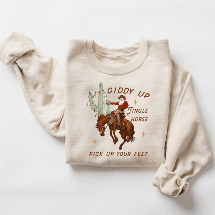 Cowboy Christmas Sweatshirt, Western Christmas Shirt, Giddy Up Jingle Horse Pick Up Your Feet, Howdy Country Christmas Horse, Cowgirl Shirt, Christmas