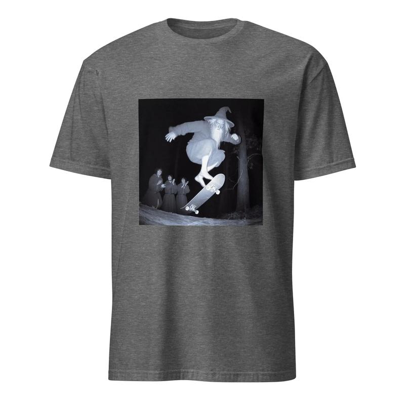 Gandalf Skateboarding T-shirt, Gandalf Skating In The Woods Sweatshirt Hoodie, Lord Of The Rings Funny Meme Tee, Gandalf Skating Doing Kickflip Shirt