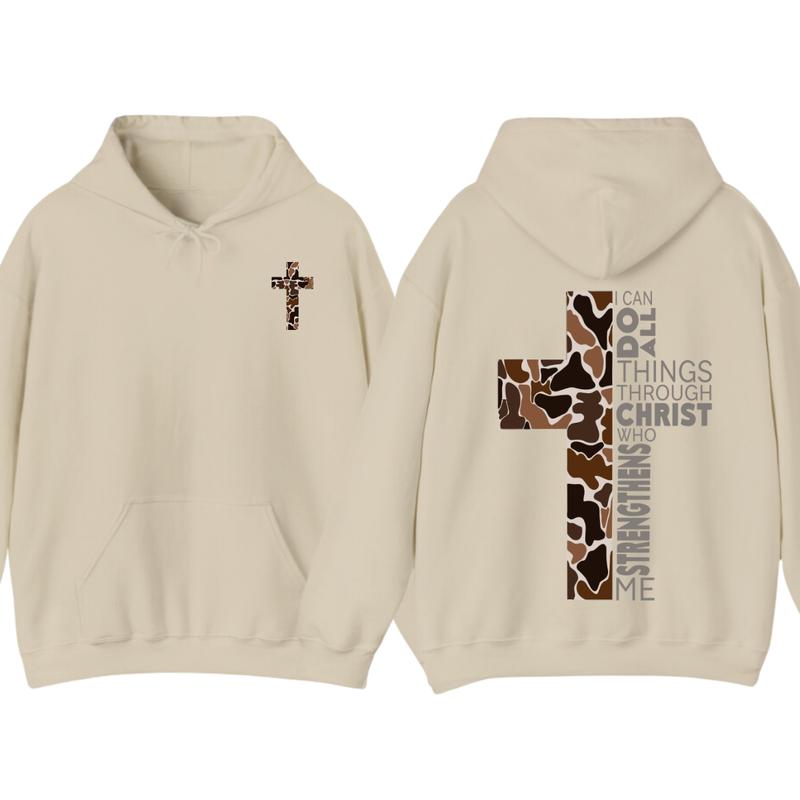 Christian Hoodie - Camo Cross Design with Philippians 413 Verse, Perfect for Faithful Believers and Outdoorsmen, unisex